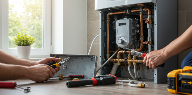 Travaux d’installation d'une chaudière.